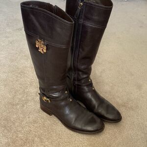 Tory‎ Burch Eloise Galleon Leather Riding Boots Dark Brown Coconut 9.5